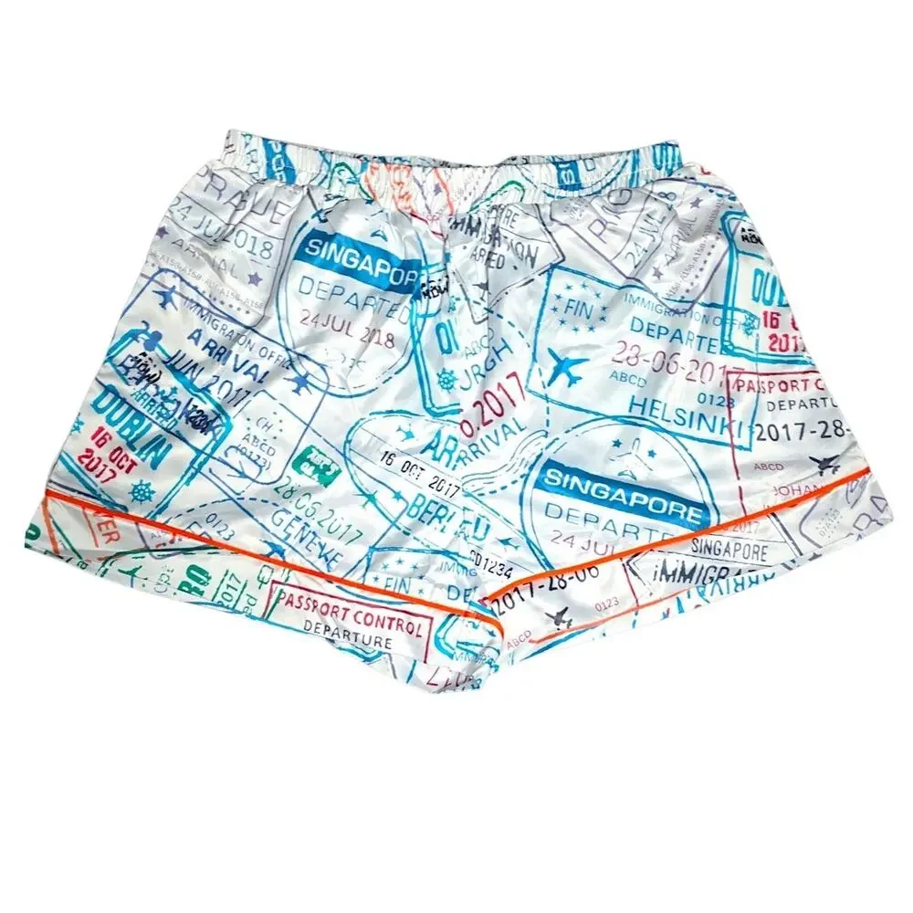Passport Stamp Satin Pajama Shorts Set XS Travel Print Sheshow NWT